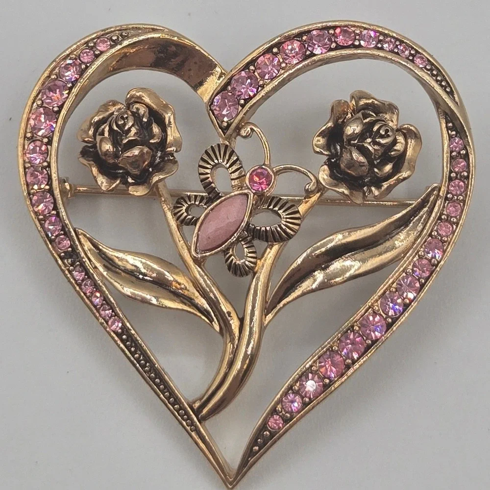 Vintage Rhinestone Brooch Set of‎ 2 Gold Tone Pink Heart Floral Butterfly Pins
